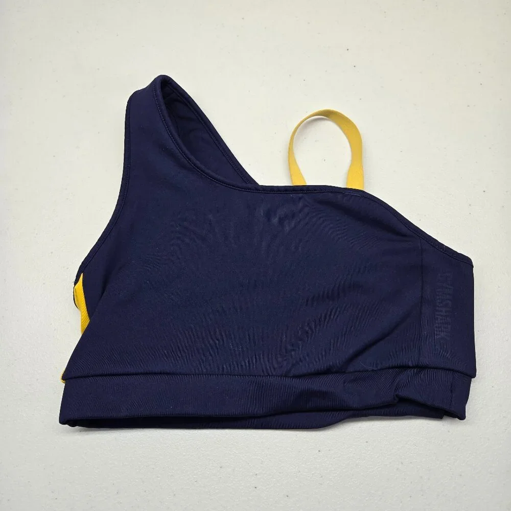 Gymshark Women Sports Bra Small Navy Blue Wireless One Shoulder Pullover